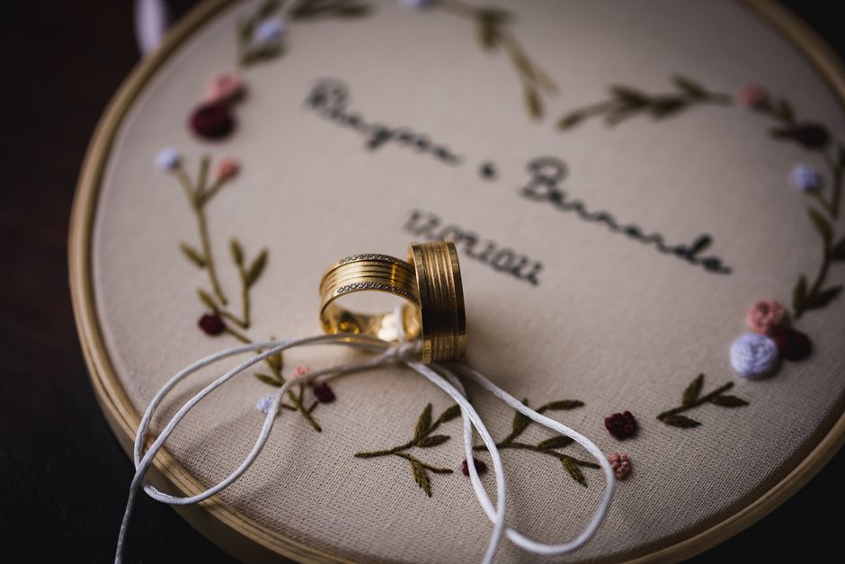 Close up of wedding rings and engagement details